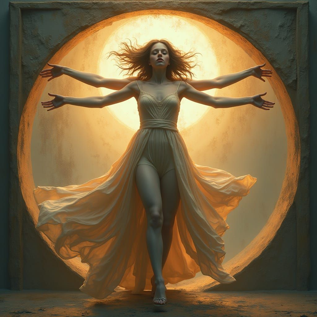 Vitruvian Woman in Renaissance Dystopian Style
