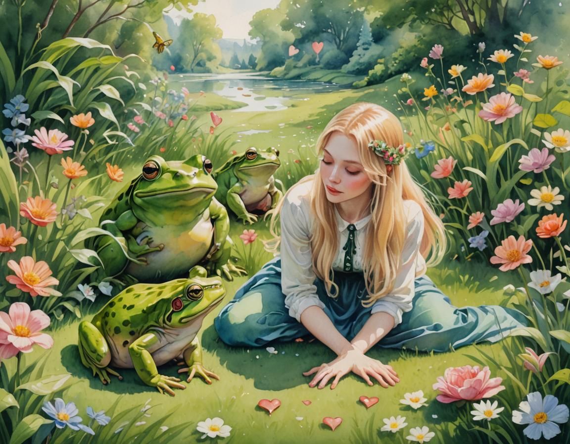 Romantic Watercolour: Lady Kisses Frog in Fantasy Scene