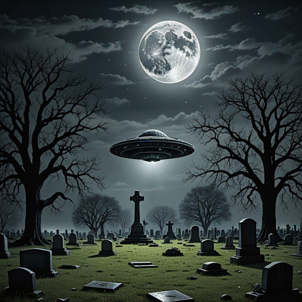 UFO Sightings Over Haunted Cemetery Under Grey Moon