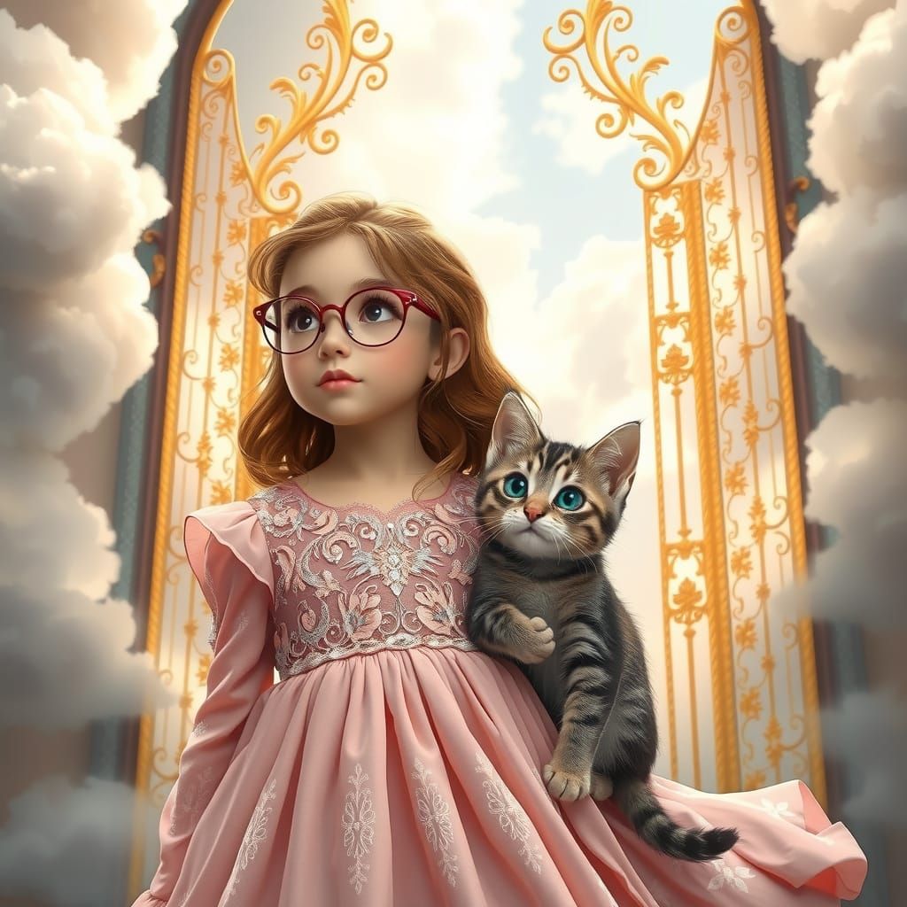 Girl in Pink Gown and Kitten Stand Outside Heaven's Gates