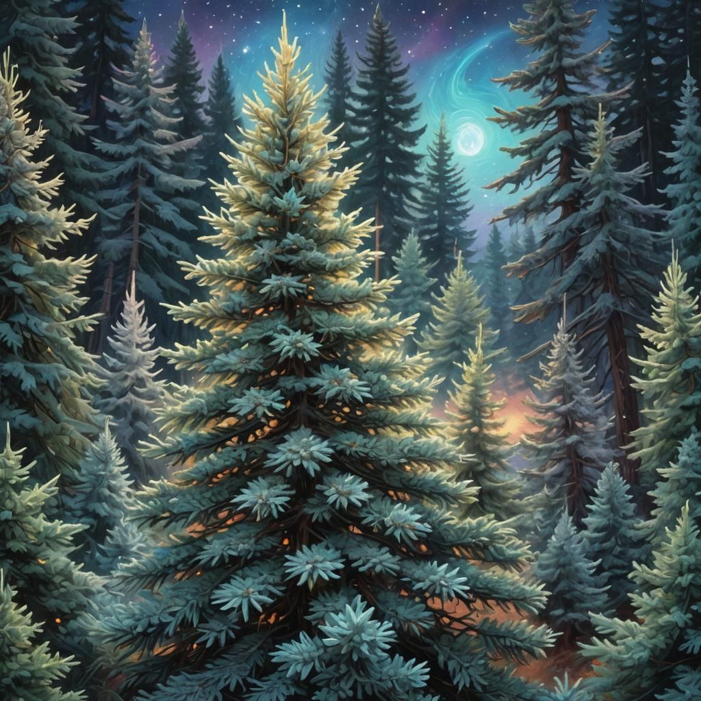 Blue Spruce in Holographic Cosmic Dusk, Astral Illustration