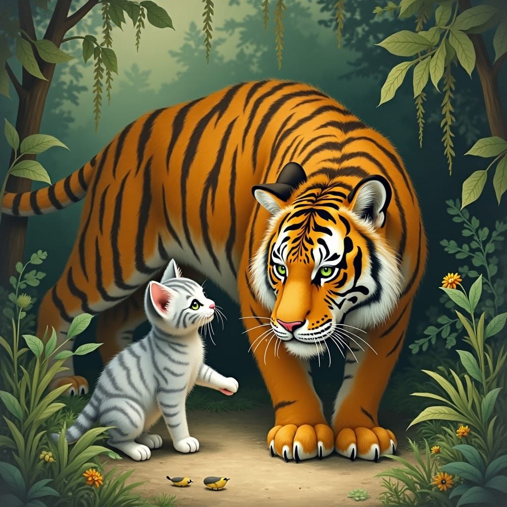 Curious Cat Meets Tiger in Jungle Illustration