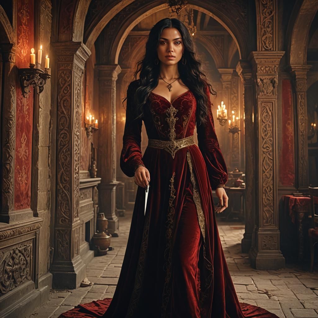 Medieval Woman with Dagger in Ornate Setting