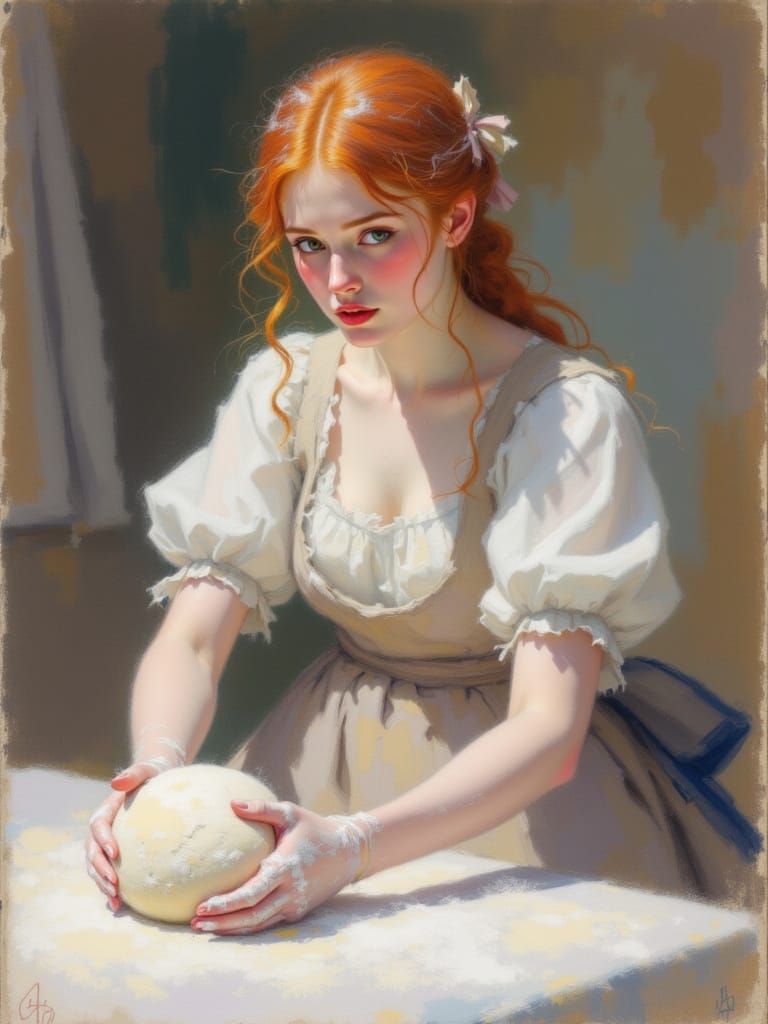 Angry Baker Kneading Dough in Bustling 1500s Kitchen