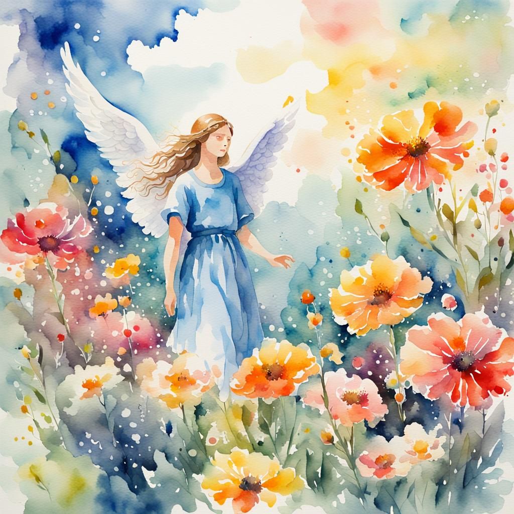 Angel in Flower Garden: Watercolor Masterpiece
