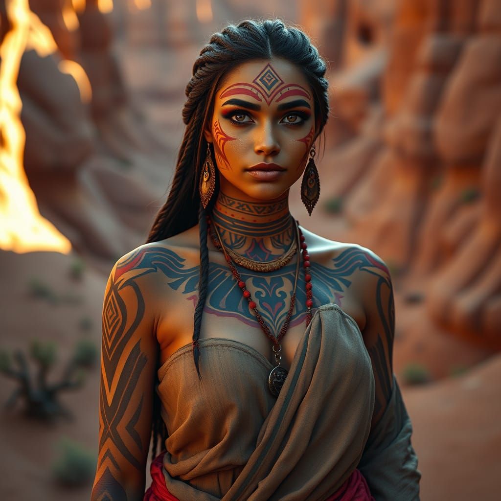 Tribal Painted Woman in Desert Canyon, Hyperrealistic Style