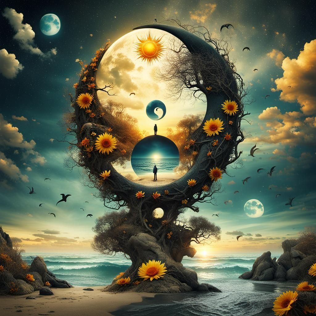 Surreal Yin Yang Sun Moon Beach Sunset