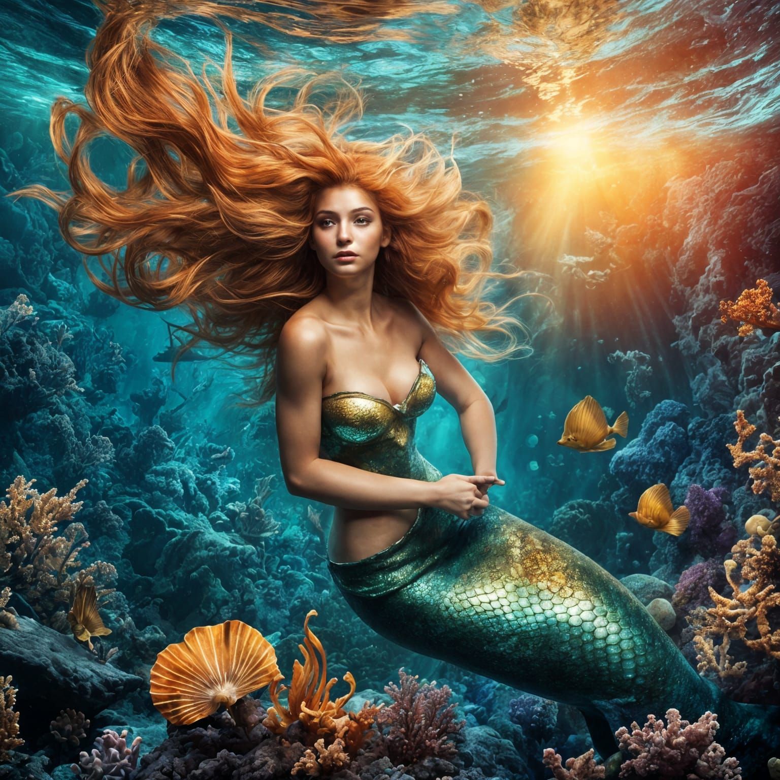 Detailed Mermaid Under the Sea in Digital Art