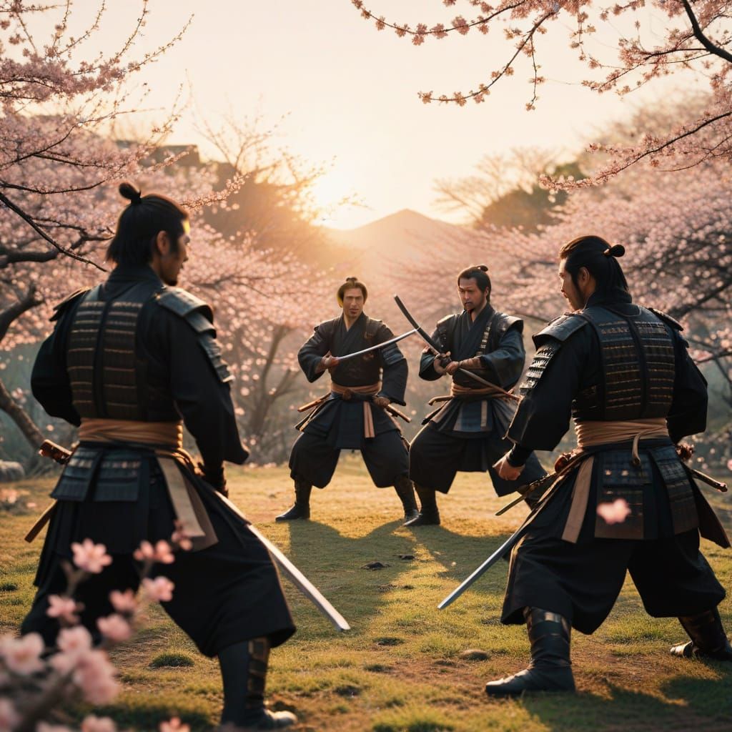 Samurai Duel in Cherry Blossoms: Cinematic Film Still