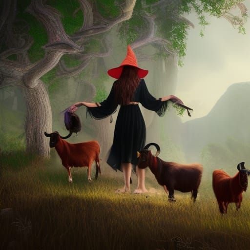 Woman in Witch Hat with Goats: Fantasy Art