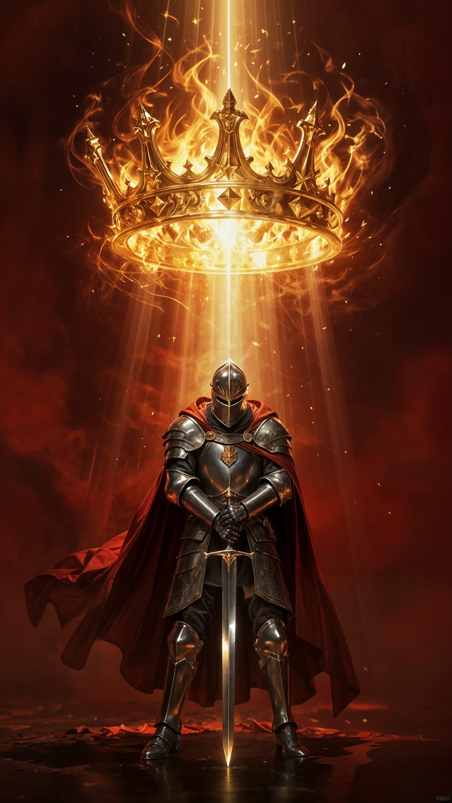 Knight Faces Fiery Crown in Dramatic Digital Painting