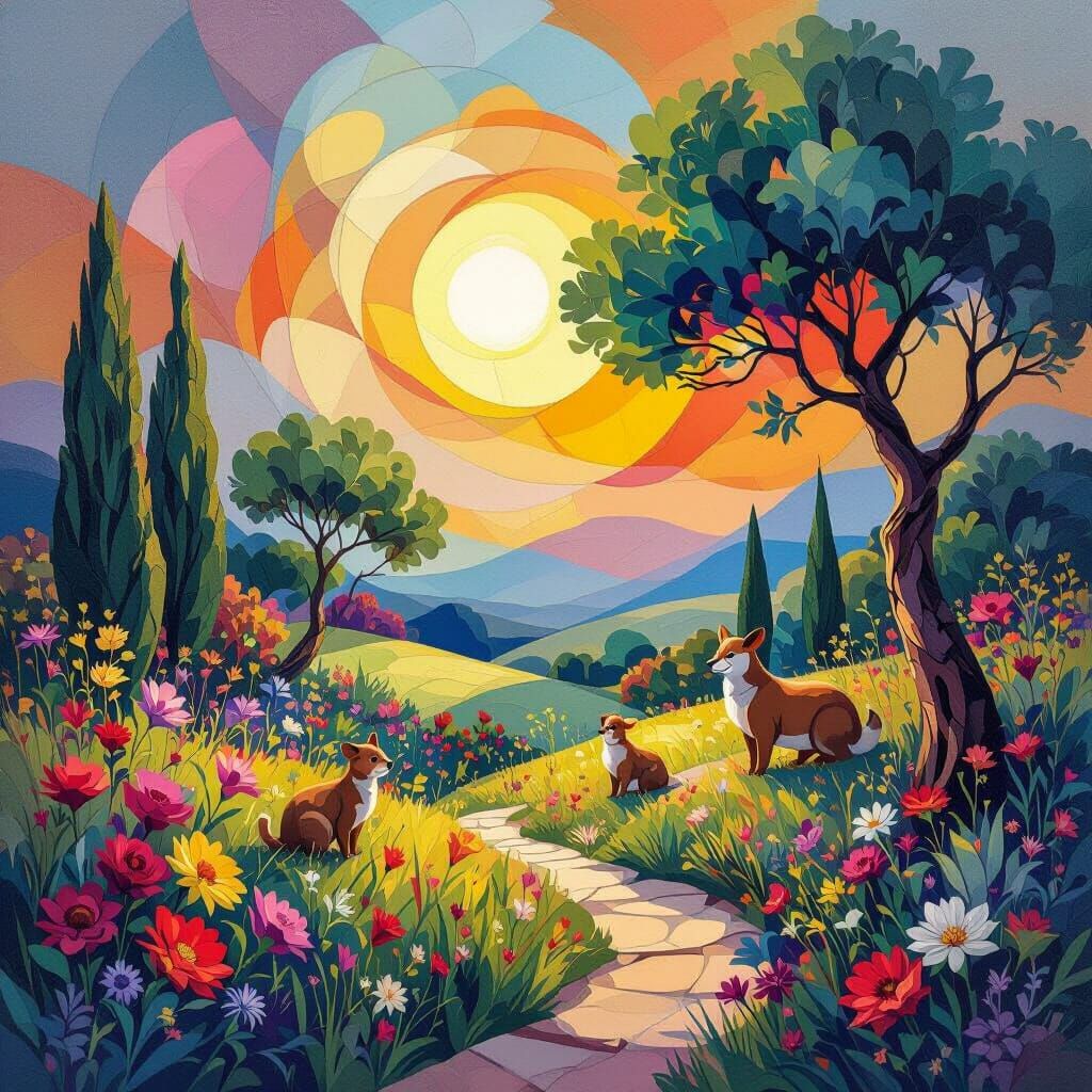 Vibrant Abstract Garden with Animals and Sunlight