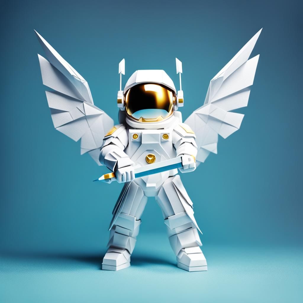an astronaut angel gives him a sword of light