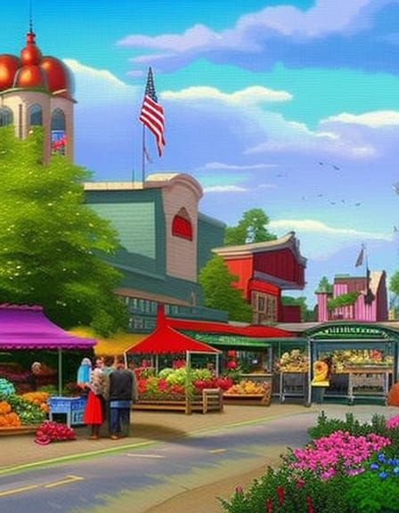 Farmers Market Scene in Kinkade Style