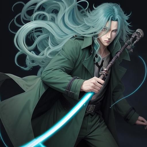 Anime Man Wielding Energy Staff in Manga Style