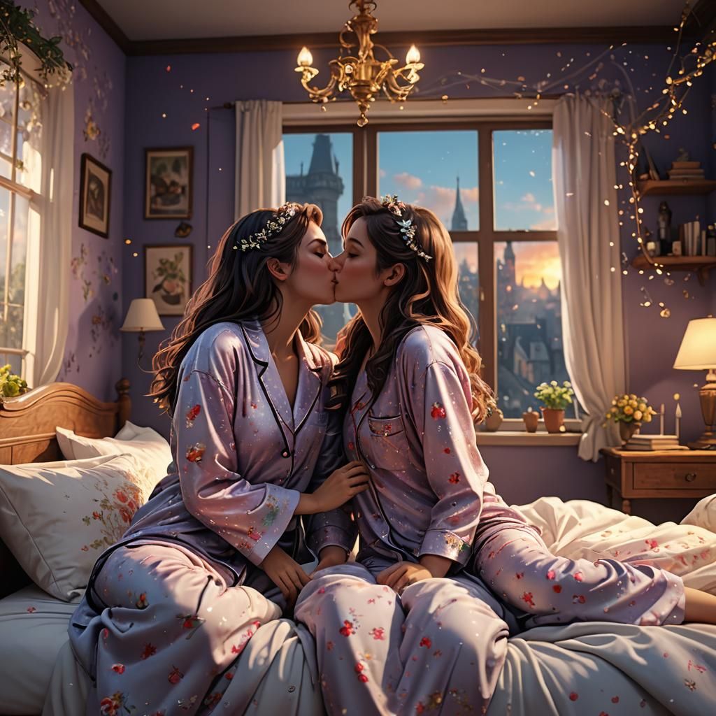 Morning Kiss: Pretty Girls in Pajamas, Detailed Matte Painti...