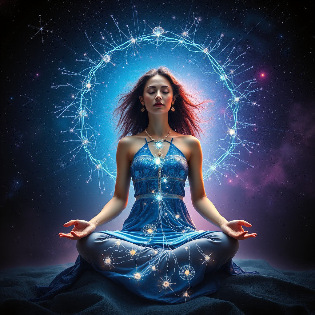 Cosmic Woman Meditates Amidst Quantum Energy