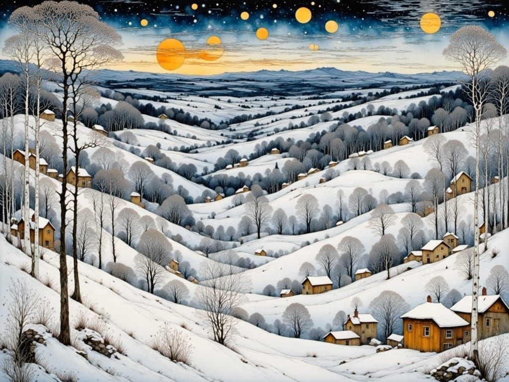 Whimsical Winter Scene in Intricate, Art Nouveau Style