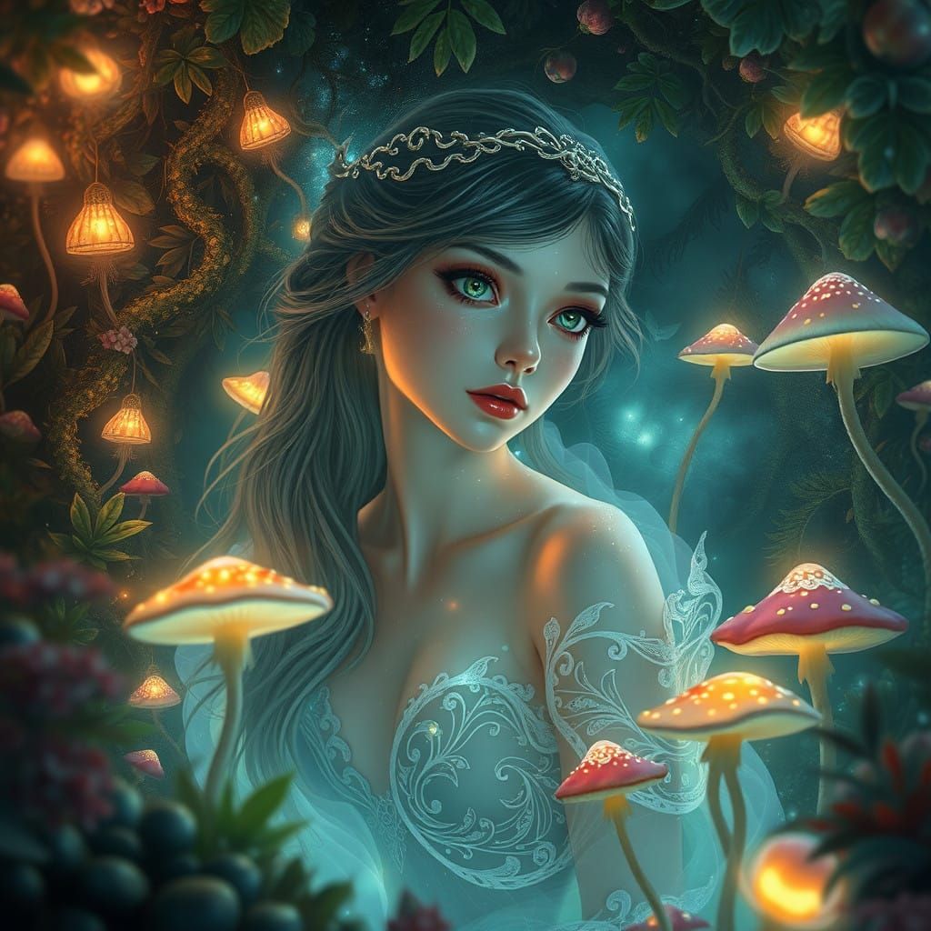 Ethereal Woman in Whimsical Fantasy Landscape