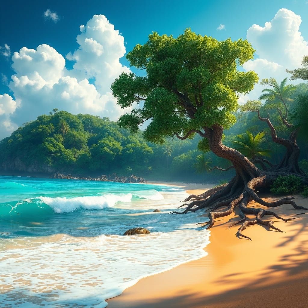 Dreamy Tropical Beach Scene in Fantasy Realm