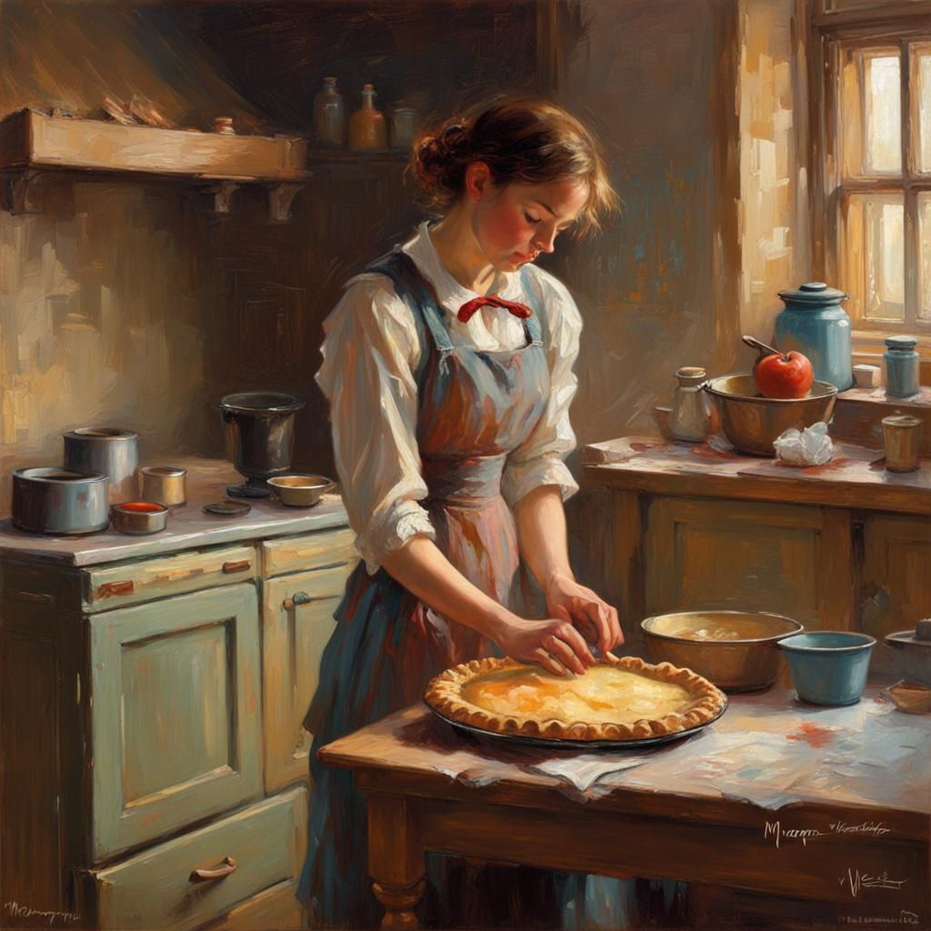 Woman Baking Pie: Neo-Impressionist Oil Painting