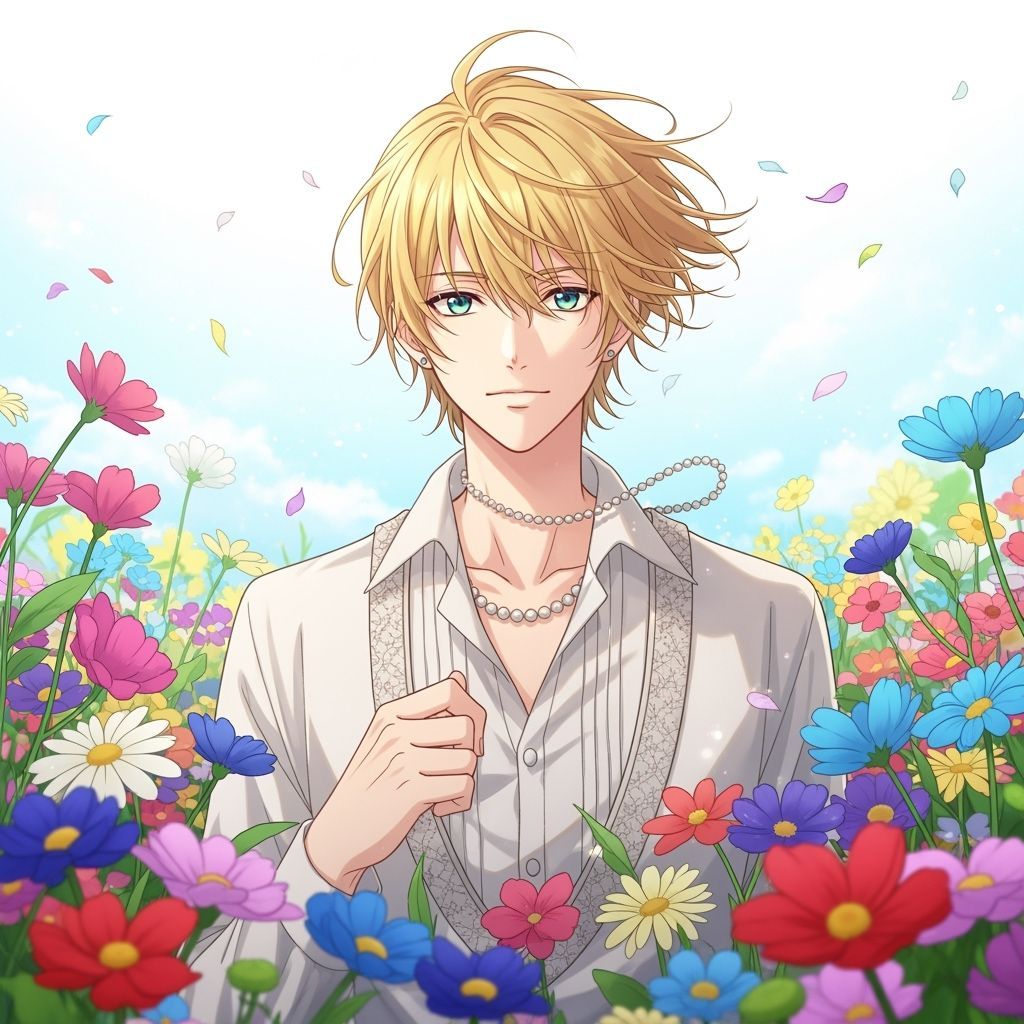 Anime Boy with Pearl Necklace in Wildflower Field