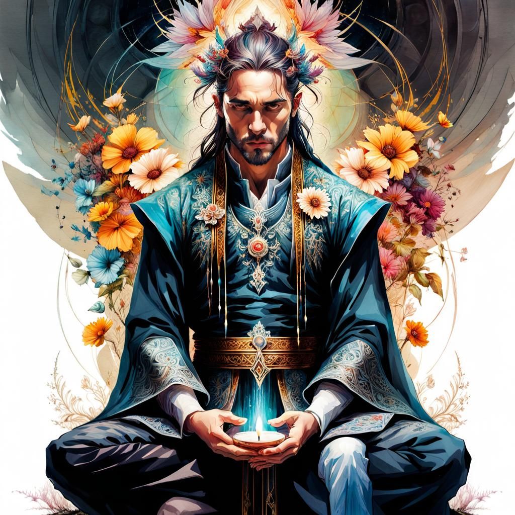 Cleric Meditating in Stylized Watercolor Art