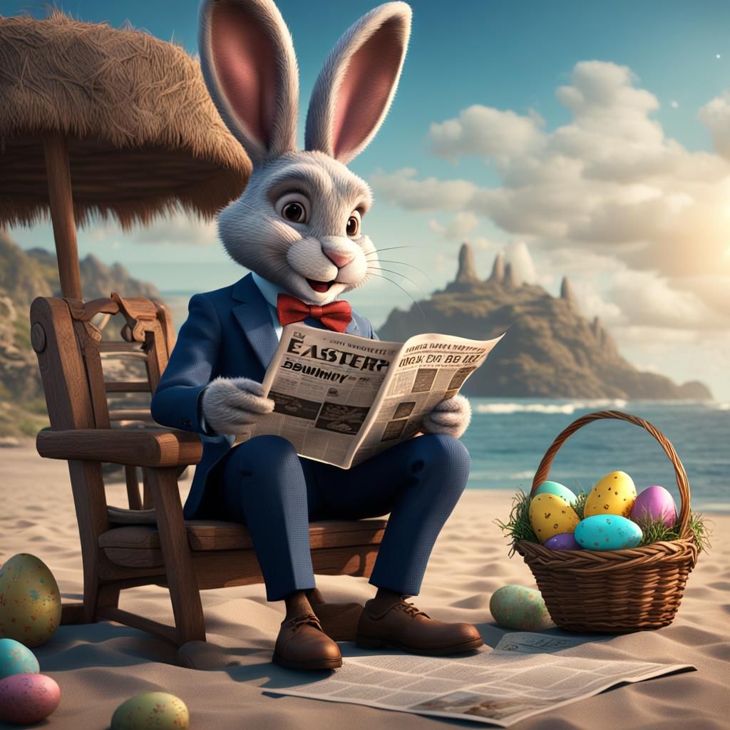 Easter Bunny Reads News on Beach: Detailed Digital Painting