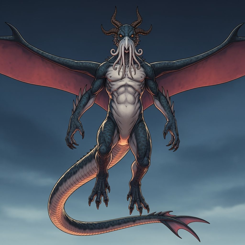 Bioluminescent Kaiju Soars Through Sky in Anime Style