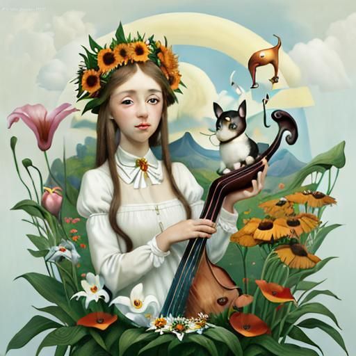 Dreamlike Utopia with Anthropomorphic Flowers in Oil Paint