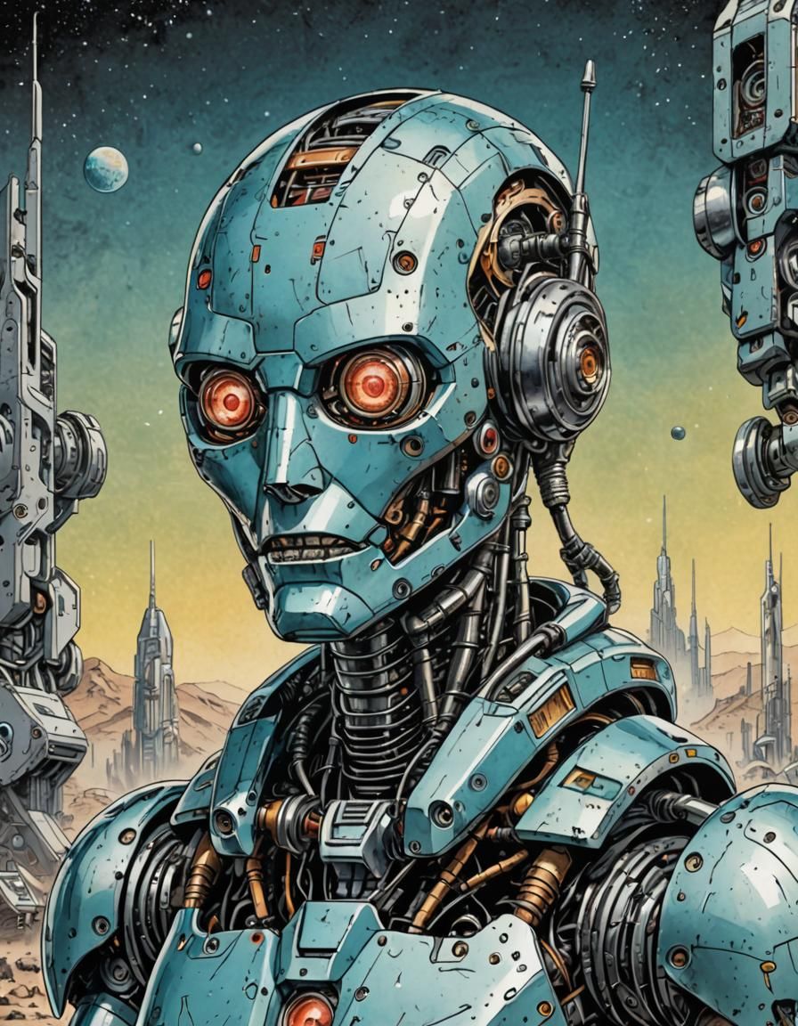 Futuristic Robot Magazine Cover Art: Hand-Drawn Style