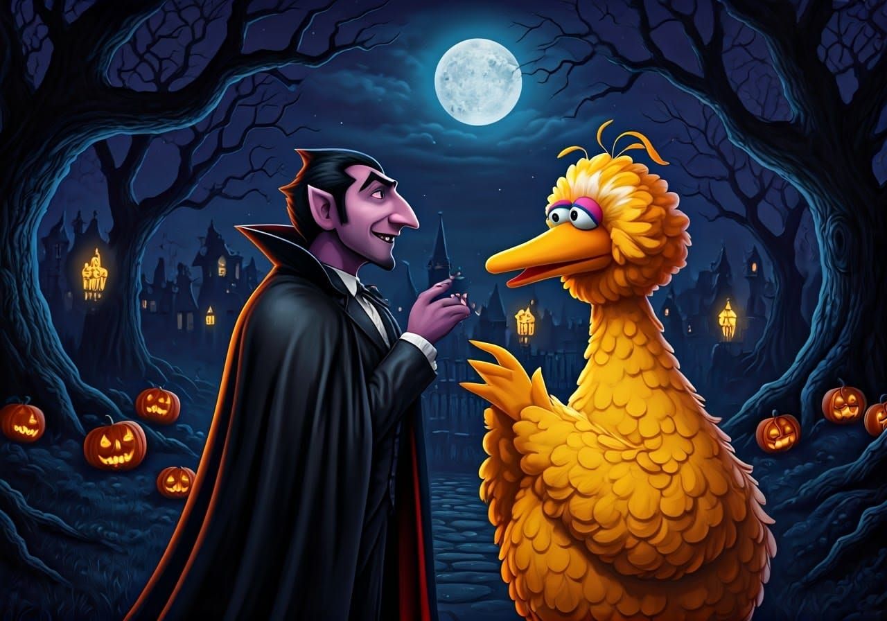 Count von Count and Big Bird in Gothic Halloween