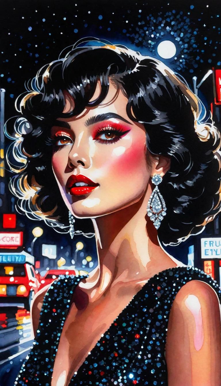 gouache watercolor art of woman in a black sparkly glittery ...