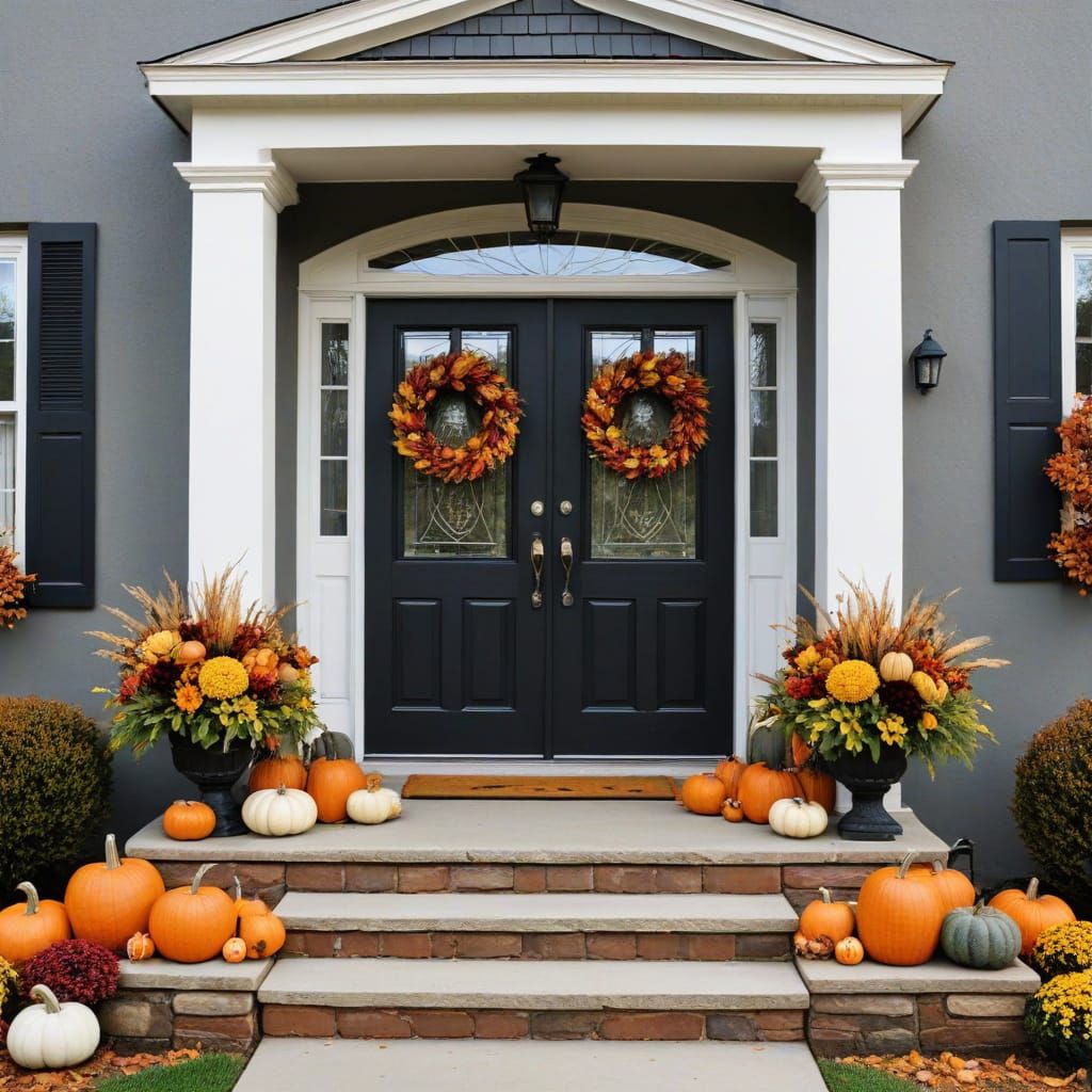 Thanksgiving Doorway Decorated with Fall Wreath and Gourds