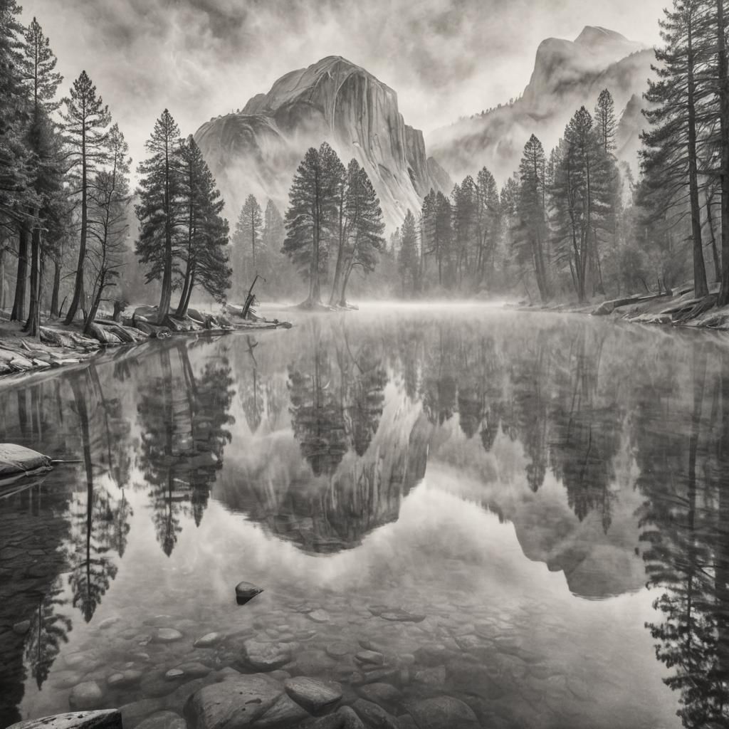 Misty Yosemite Landscape in Charcoal Drawing