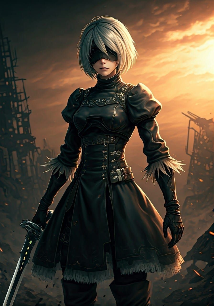 Heroic 2B in Futuristic Ruins