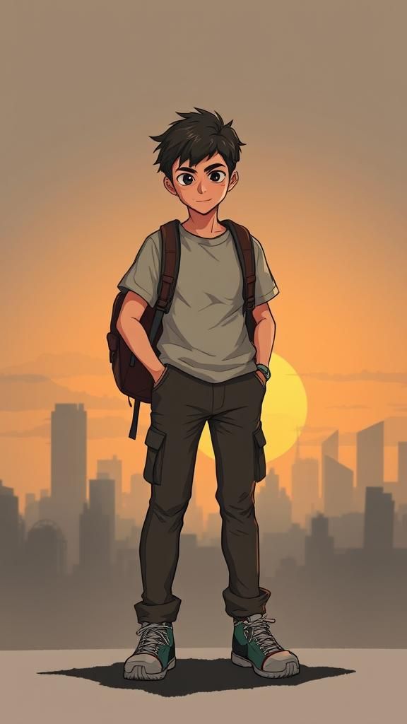Resilient Student in Cityscape Sunset: Illustrative Art