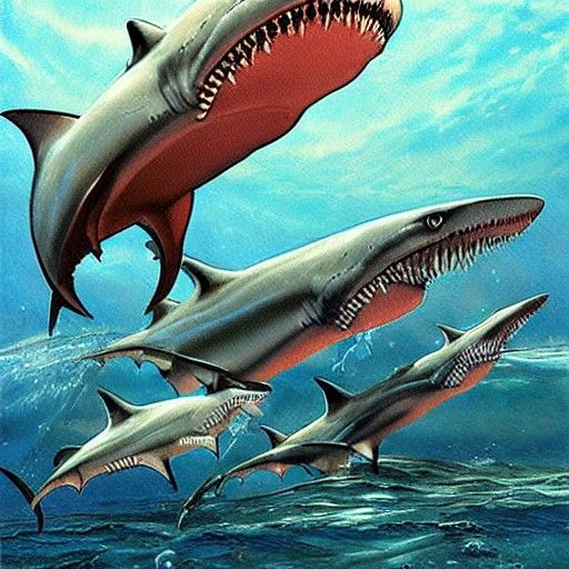 Cyborg Sharks Swimming: An Oil Painting