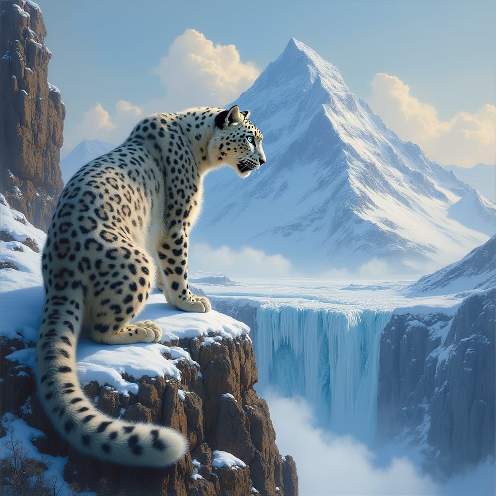 Snow Leopard on Glacial Peak: Classical Oil Painting