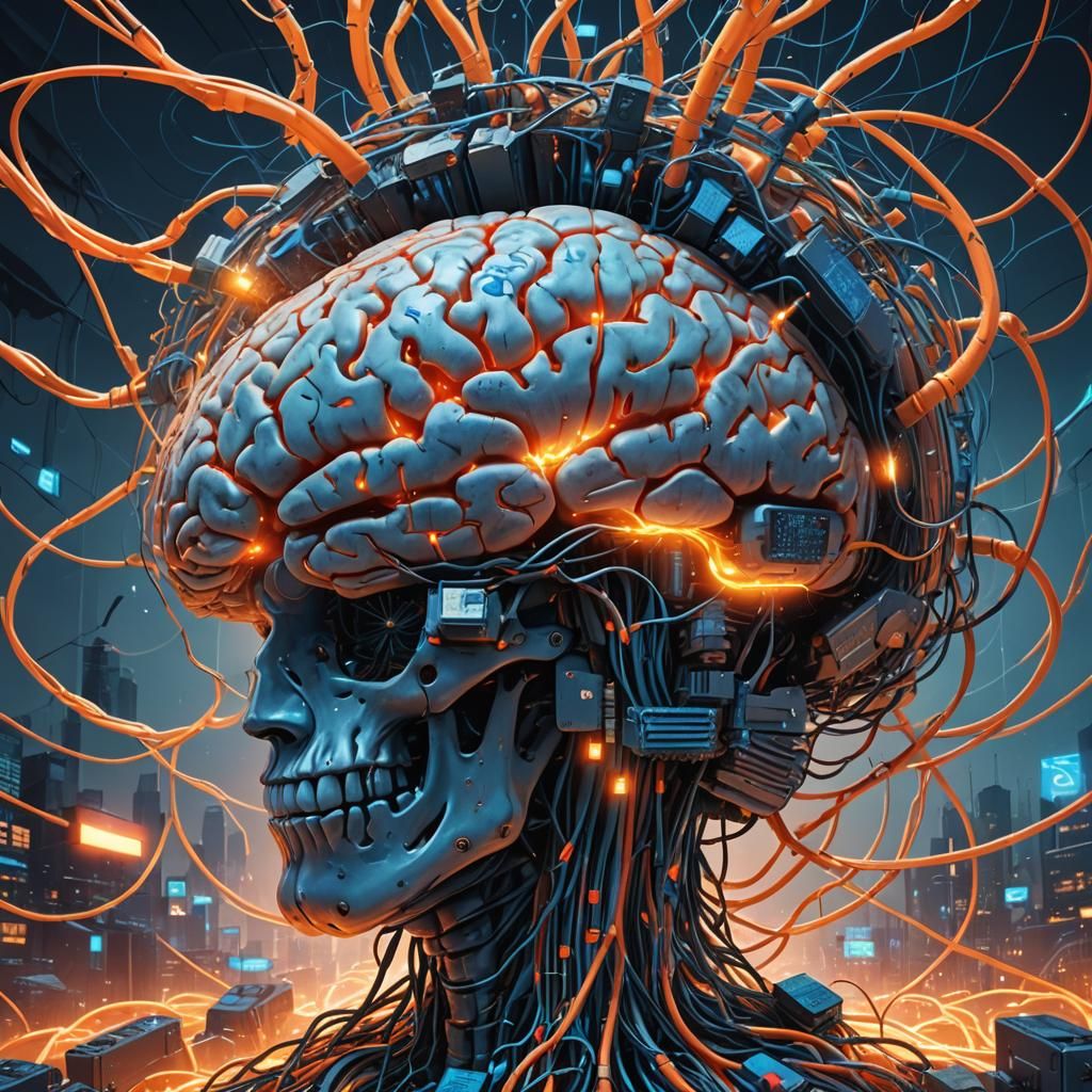 Futuristic Technology Consumes a Glowing Brain