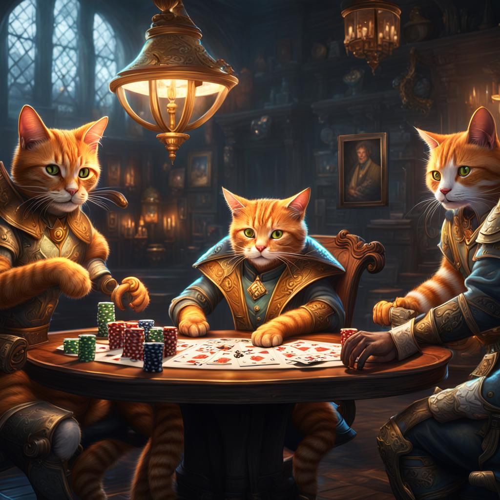 Orange Tabby Cat Plays Poker, Detailed Digital Art