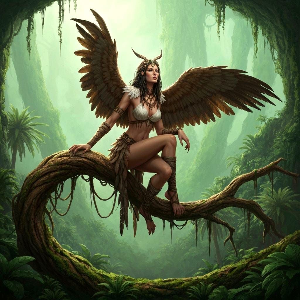 Feathered Harpy Woman on Gnarled Branch in Jungle