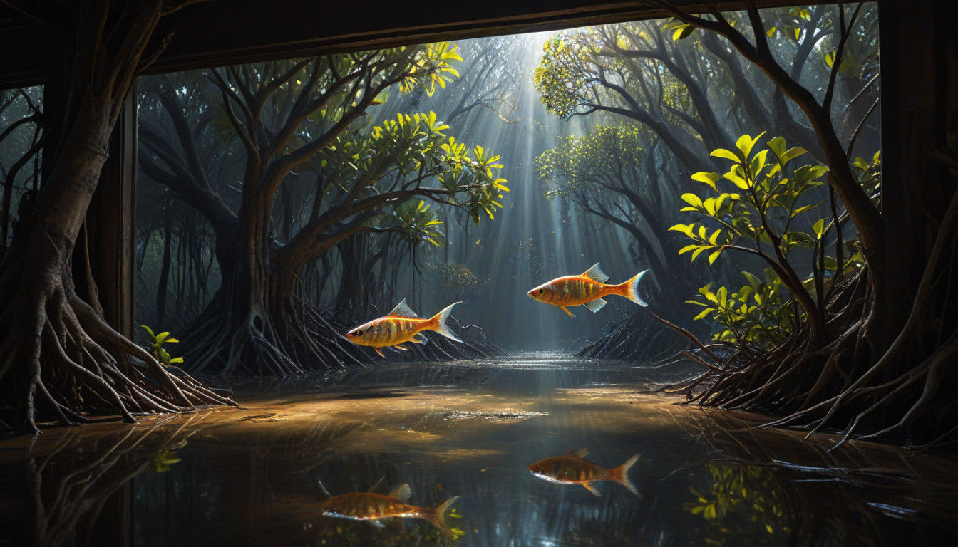 Ethereal Mangrove Forest Scene with Brolga in Chiaroscuro Li...