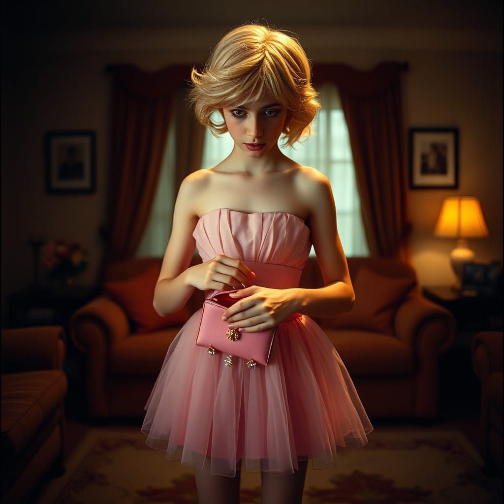 Young Man in Tulle Prom Dress Surprised in Dimly Lit Living...