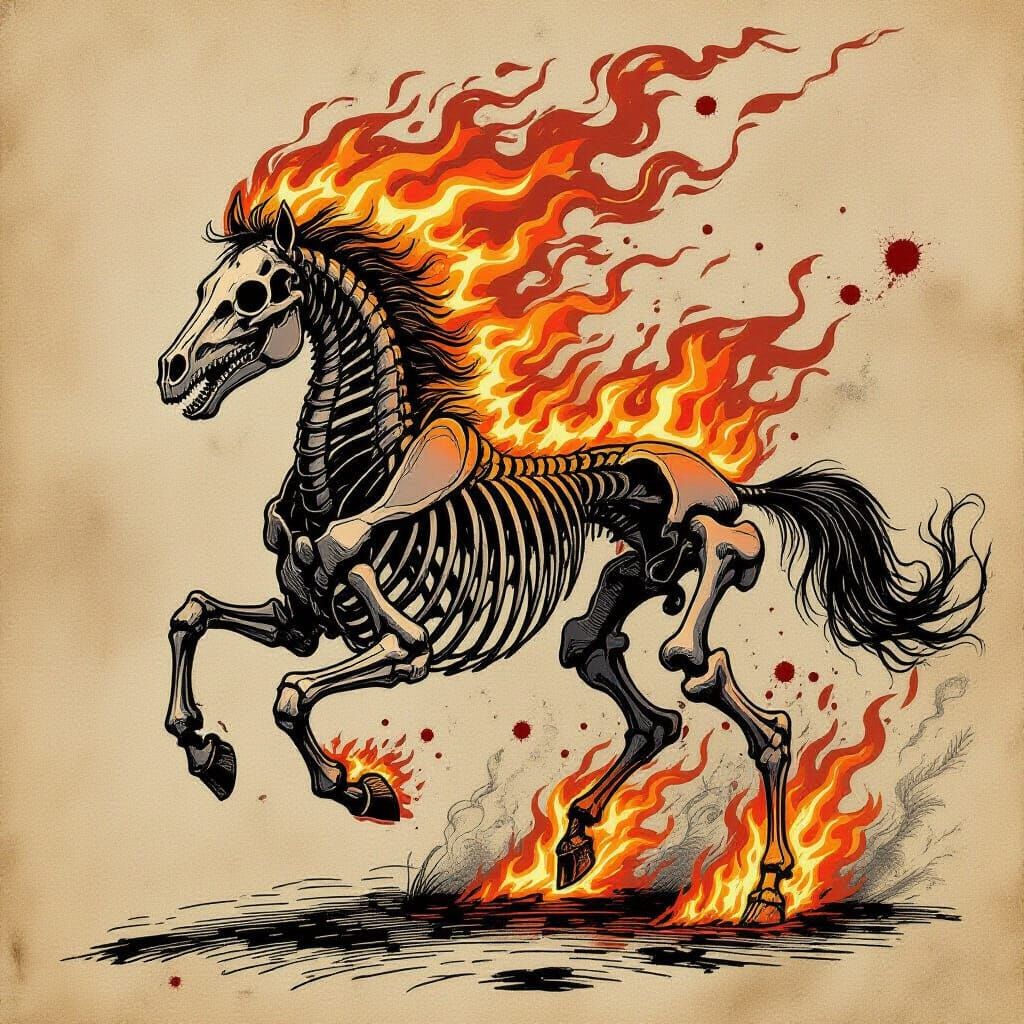 Fiery Horse Skeleton in Gothic Horror Style