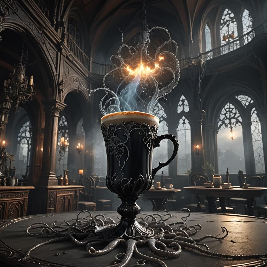 Tentacles Emerge from Coffee Cup in Gothic Mansion