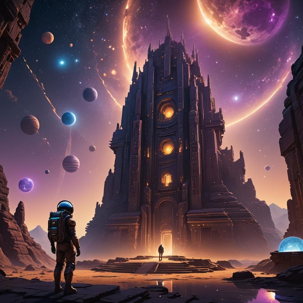 Ethereal Sci-Fi Masterpiece: Ancient Alien Temple Under Star...