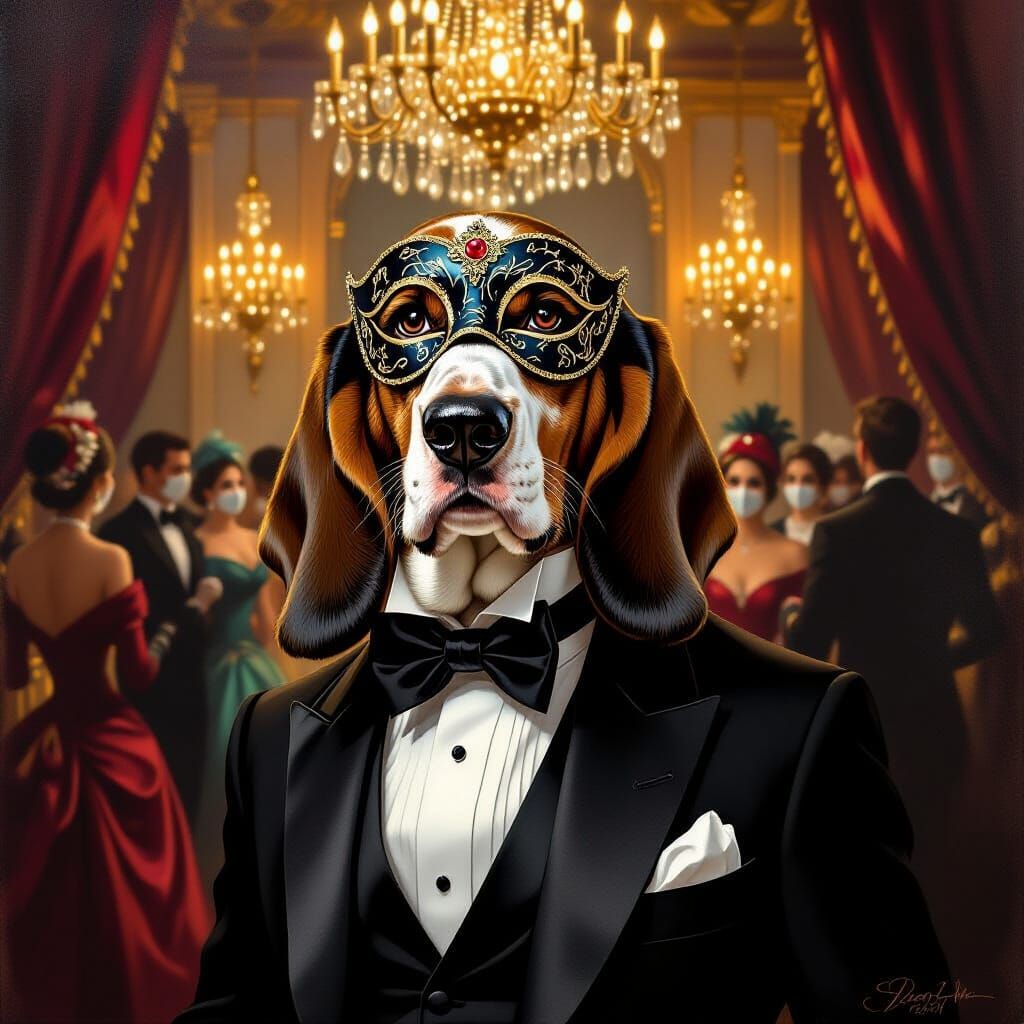 Regal Basset Hound at Masquerade Ball in Oil Painting Style