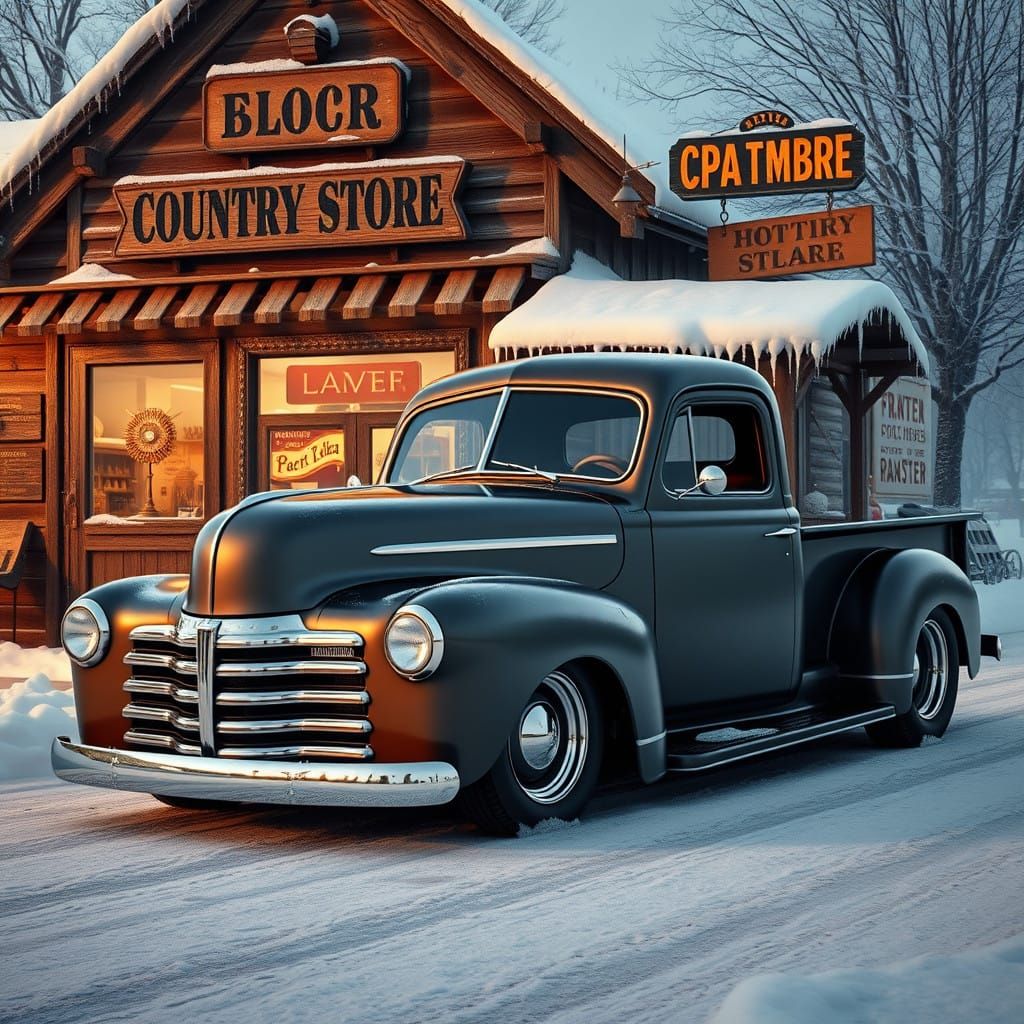Vintage Hot Rod Pickup in Winter Wonderland