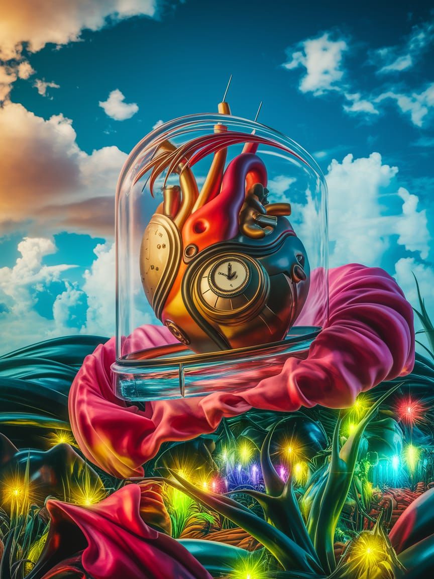Clockwork Heart in Glass Case: Surreal Oil Painting
